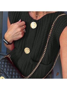 Black Casual Women's Loose Knit Vest With Double Pockets